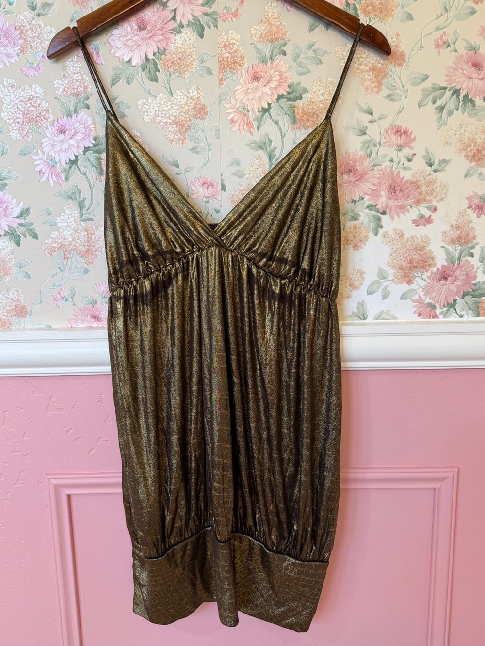 Y2K Metallic Olive Gold Slip Dress with V-Neck